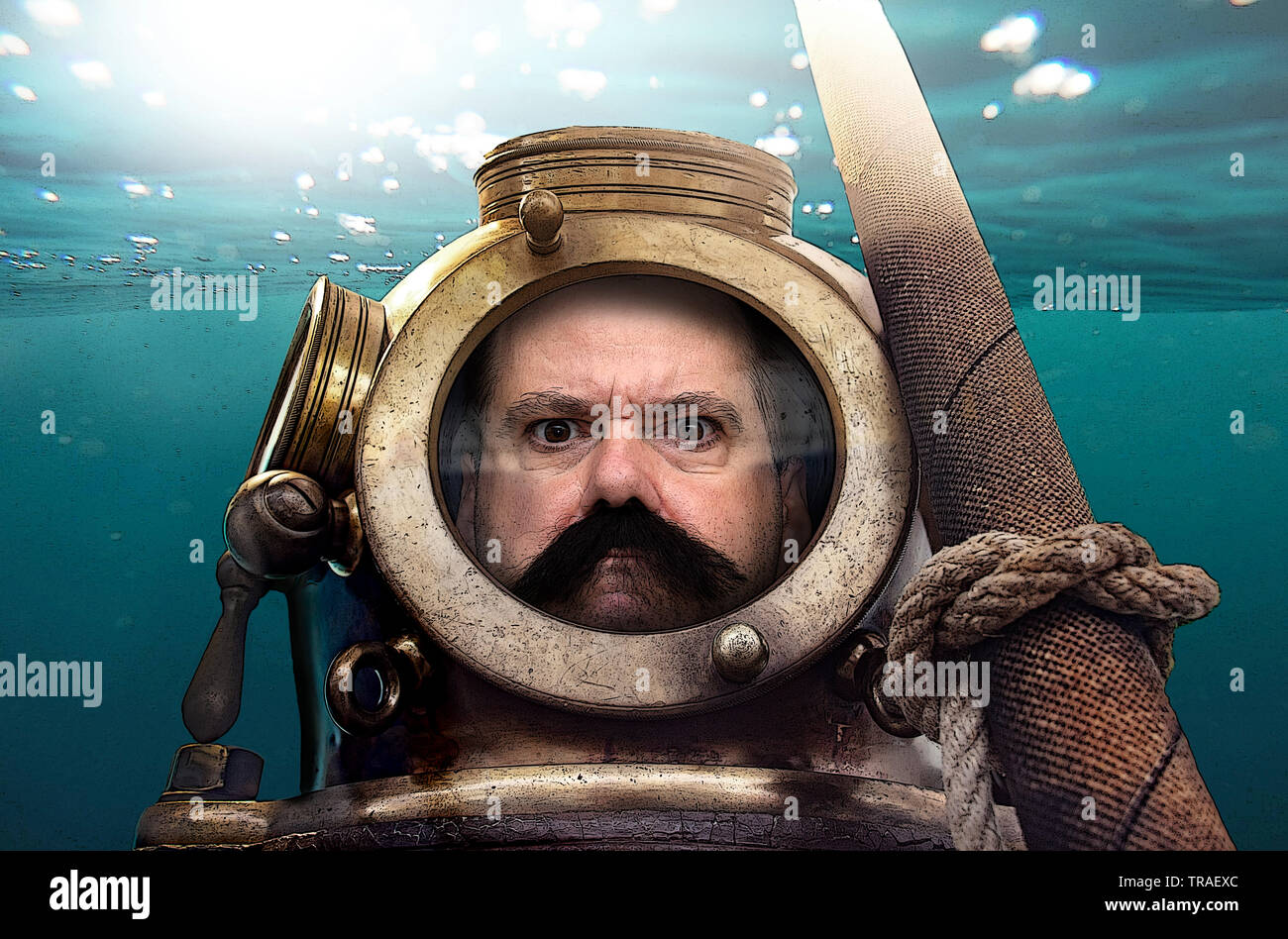 Portrait of man in old diving suit and helmet under water. Funny diver