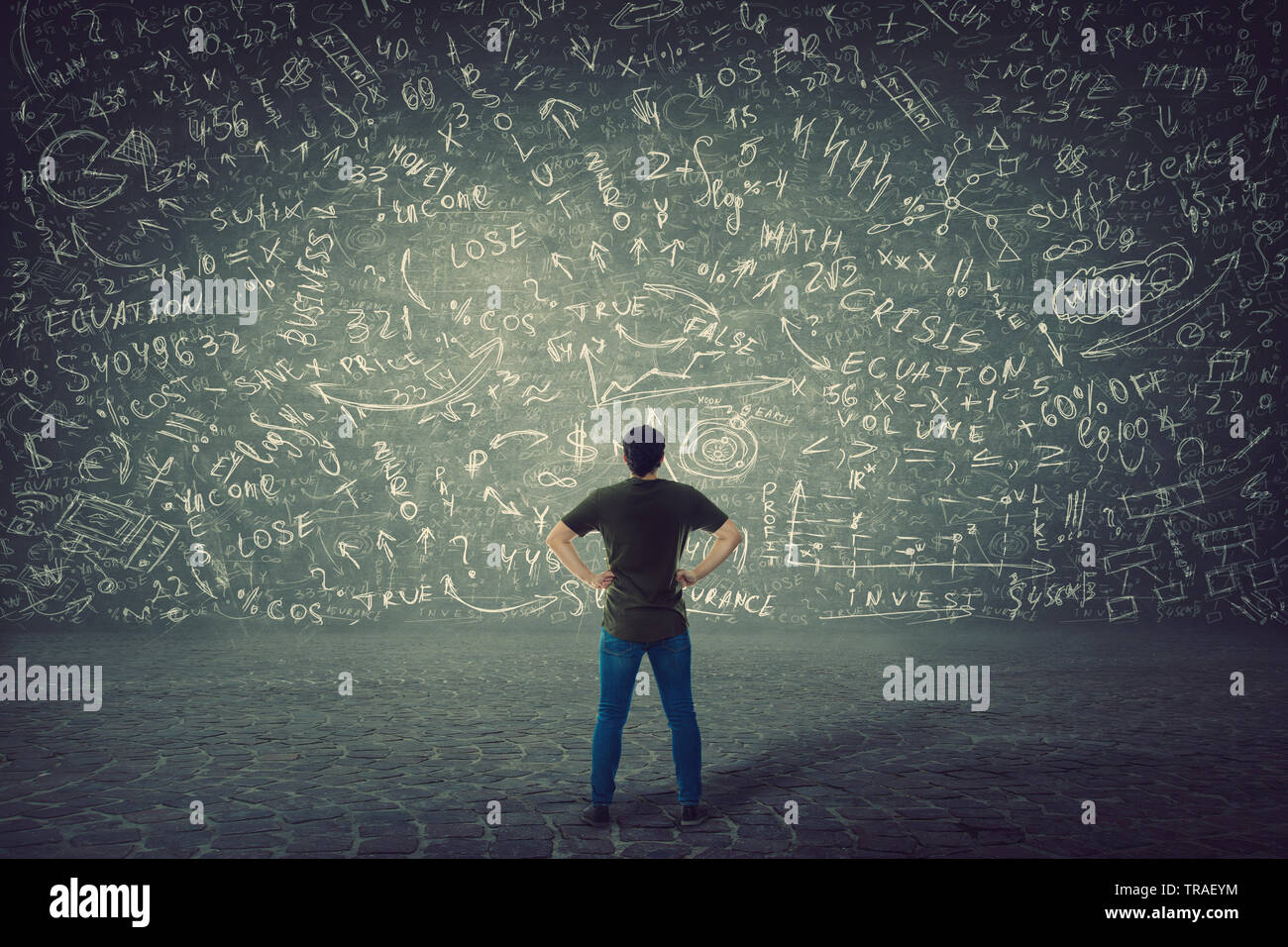 Rear view of puzzled student, hands on hips, stands in front of a huge blackboard try to solve hard mathematics calculation, formula and equations. Pr Stock Photo