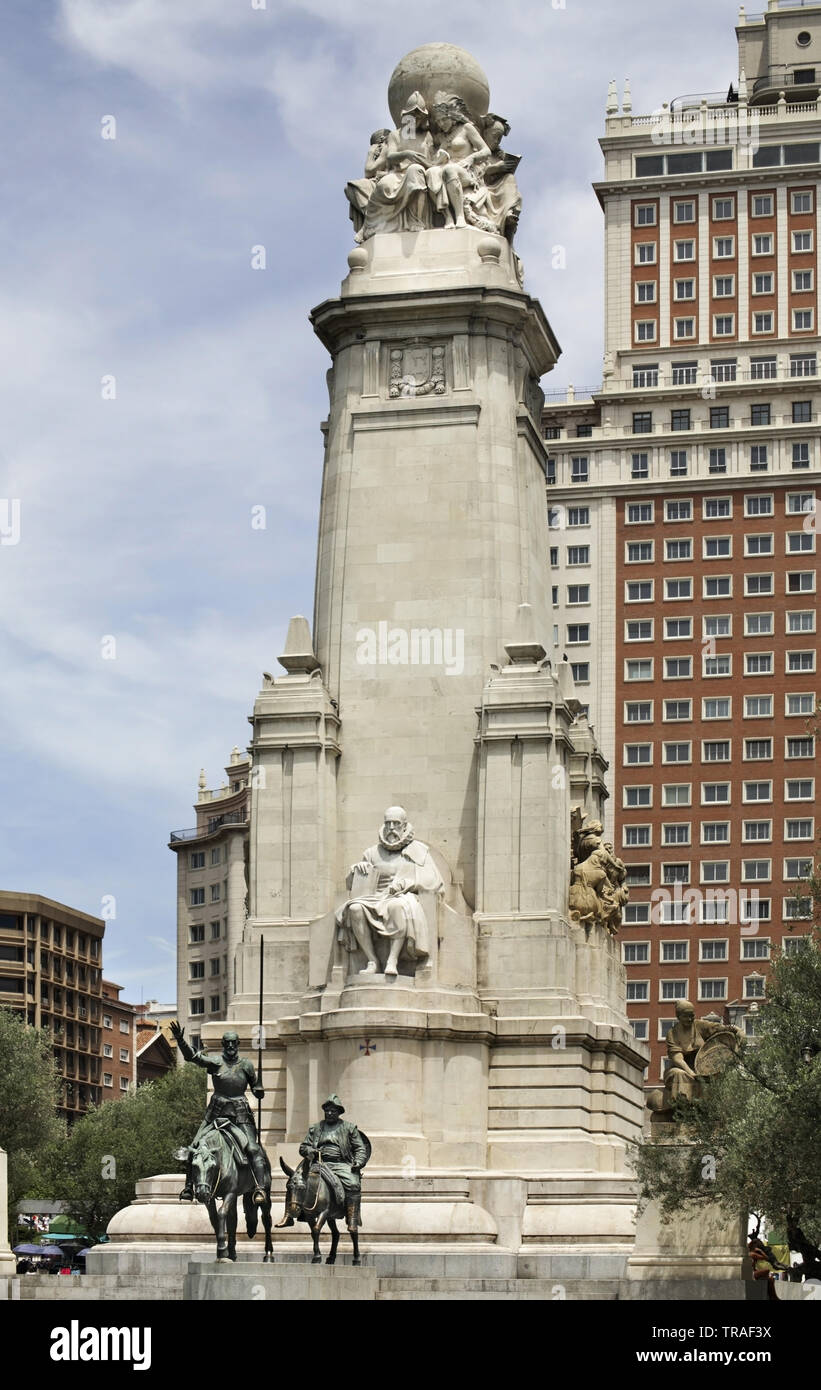 Cervantes Monument at Plaza de Espana in Madrid. Spain Stock Photo