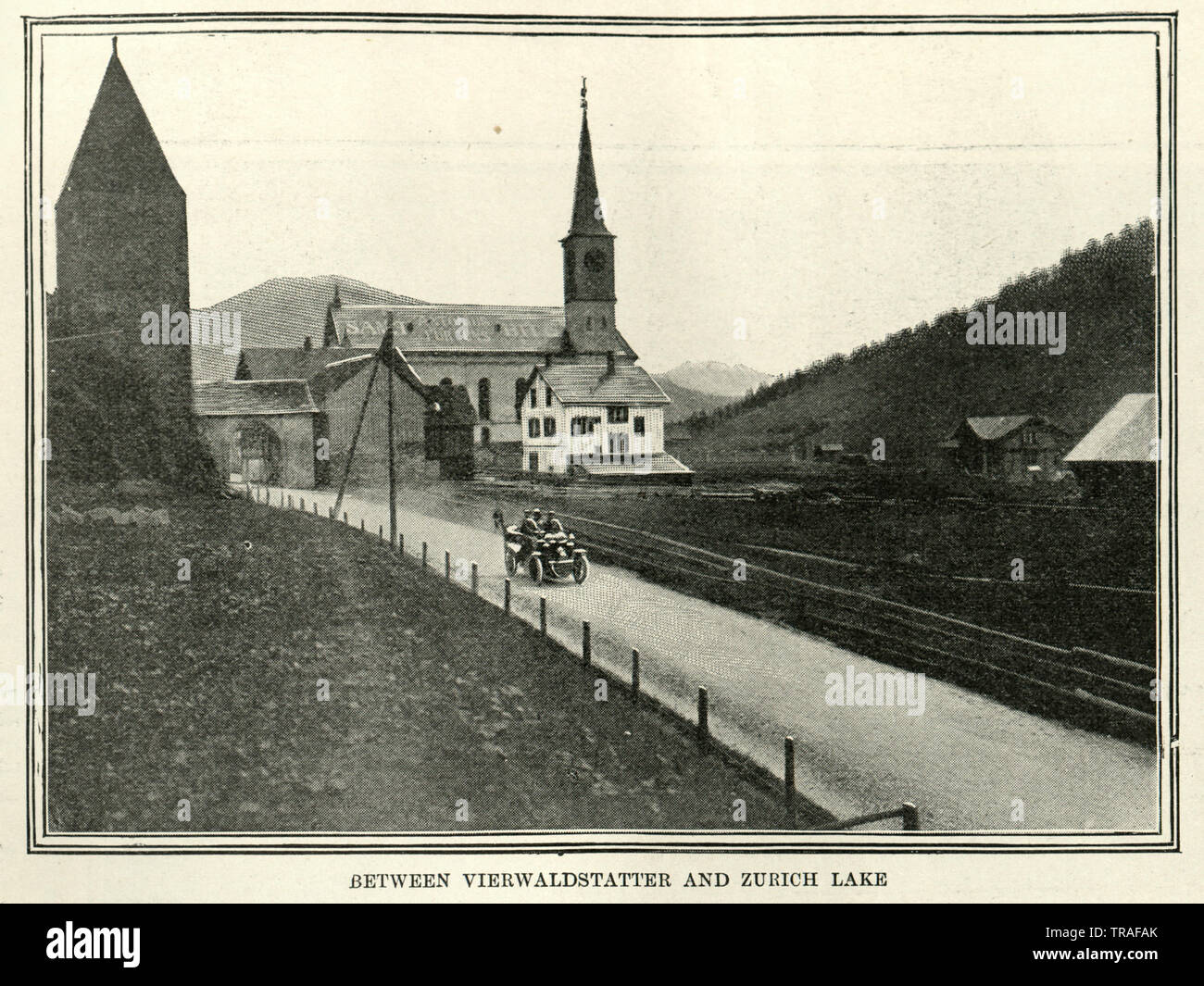 Vintage photograph of Motor car race from Paris to Vienna, 1902. Between Vierwaldstatter and Zurich Lake Stock Photo