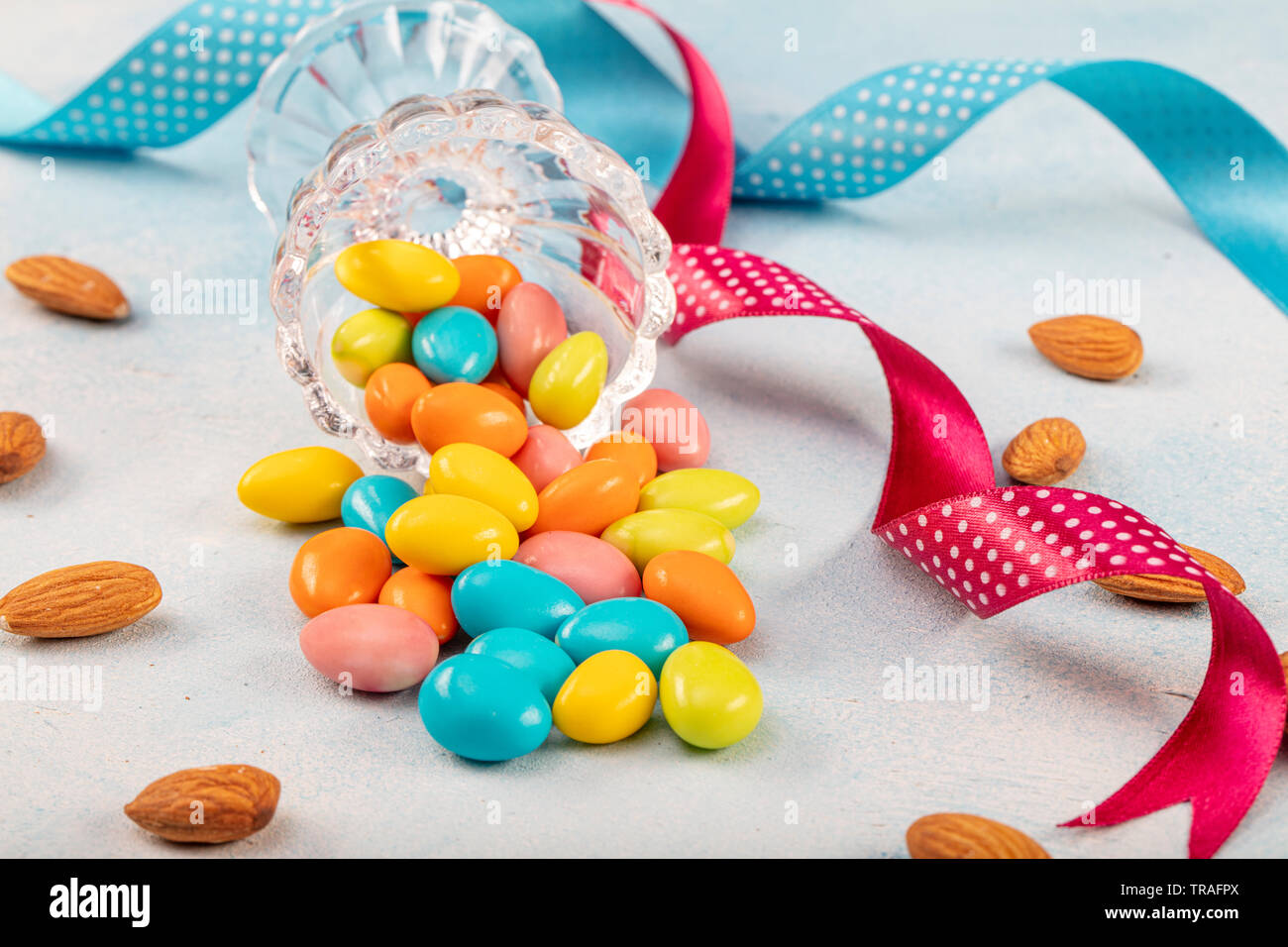 Almond candy; Sugared Almonds on white background. Stock Photo