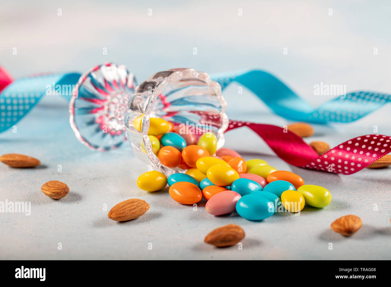 Almond candy; Sugared Almonds on white background. Stock Photo