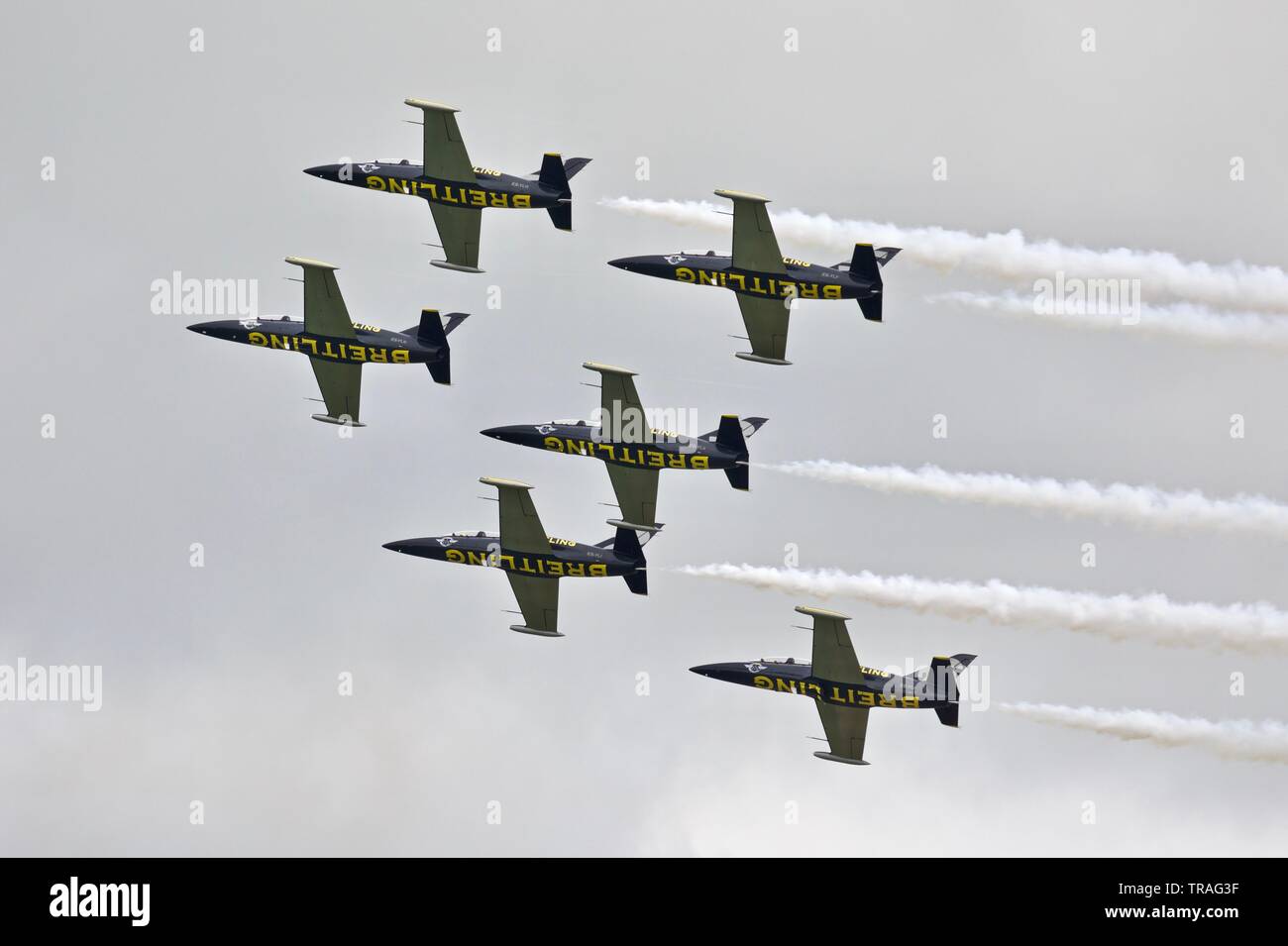 The Breitling Jet Team - Czech Aero L-39 Albatros jets performing at the 2019 Duxford Air Festival Stock Photo
