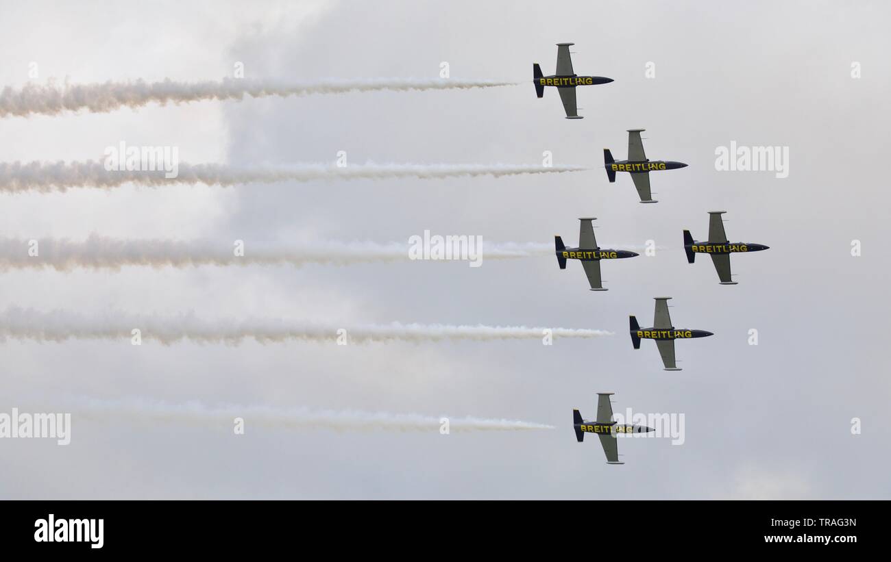 The Breitling Jet Team - Czech Aero L-39 Albatros jets performing at the 2019 Duxford Air Festival Stock Photo