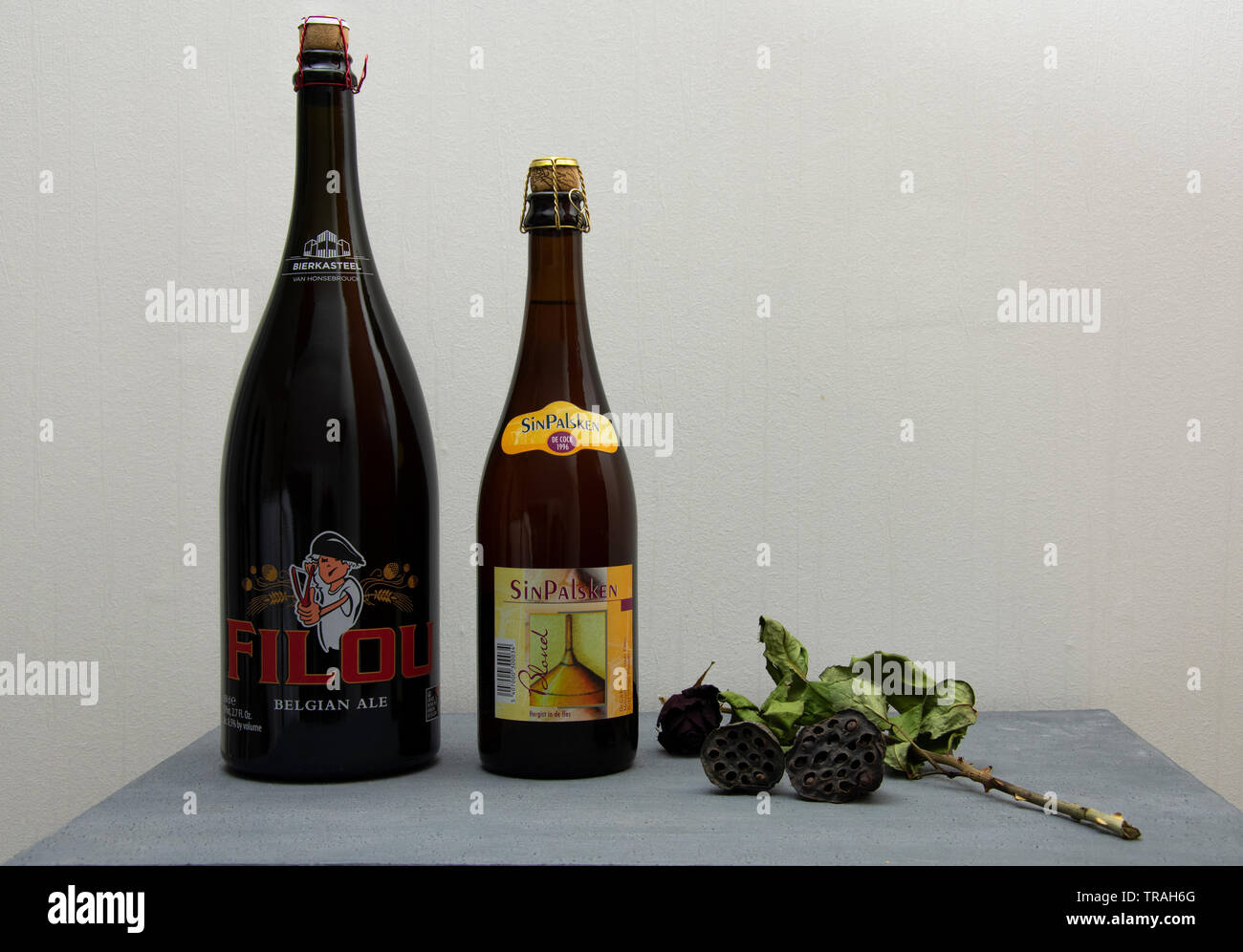 Sint Gillis waas, Belgium - December 1, 2018: Two Belgian beers Filou and St. Palsken in large bottles and with Crown Cap Stock Photo