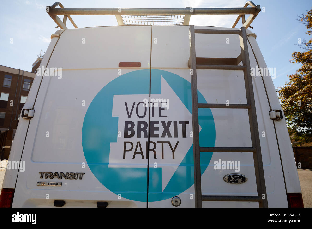 Peterborough, U.K. - 1 June, 2019: A transit van adorned with a Brexit Party logo during campaigning for the Peterborough by-election. Stock Photo