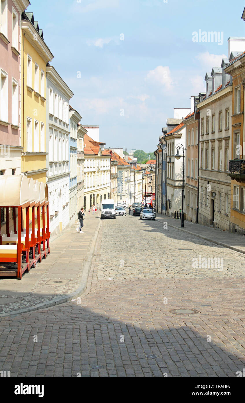 View along Mostowa, a street near the Warsaw Barbican, from the junction with Freta and Nowomiejska streets. Warsaw, Poland. Stock Photo