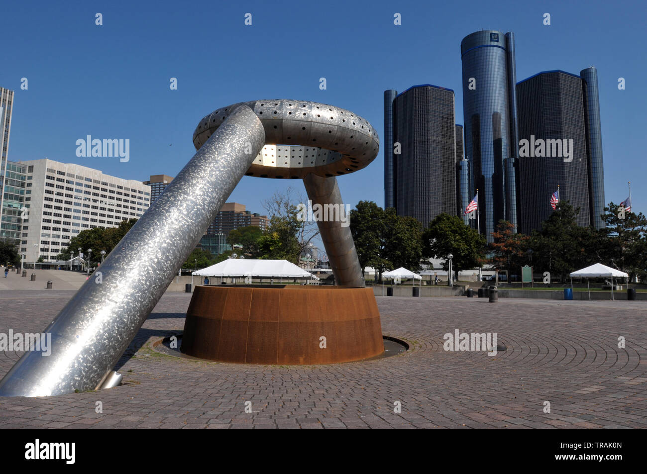The  Horace E. Dodge and Son Memorial Fountain in Detroit's riverfront Hart Plaza, with General Motors' landmark Renaissance Center in the background. Stock Photo
