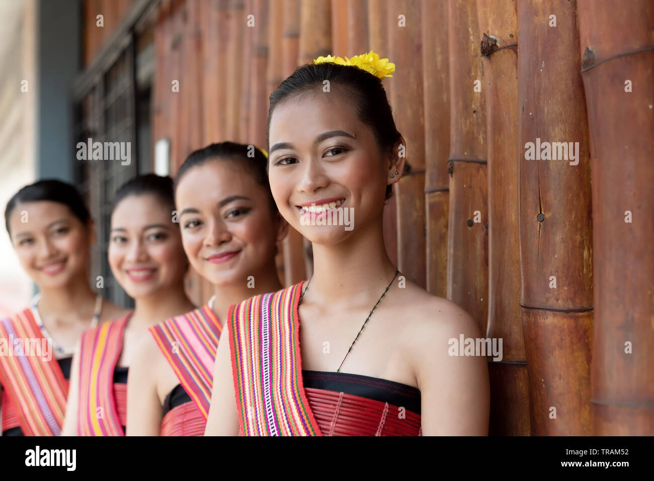 Portraits of Kadazan Dusun young girls in traditional attire from Kota Belud district during state level Harvest Festival in KDCA, Kota Kinabalu, Saba Stock Photo