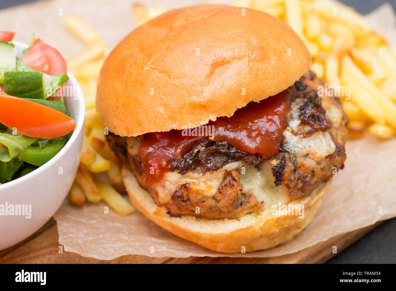 A homemade pheasant burger made from fillet and thigh meat from a