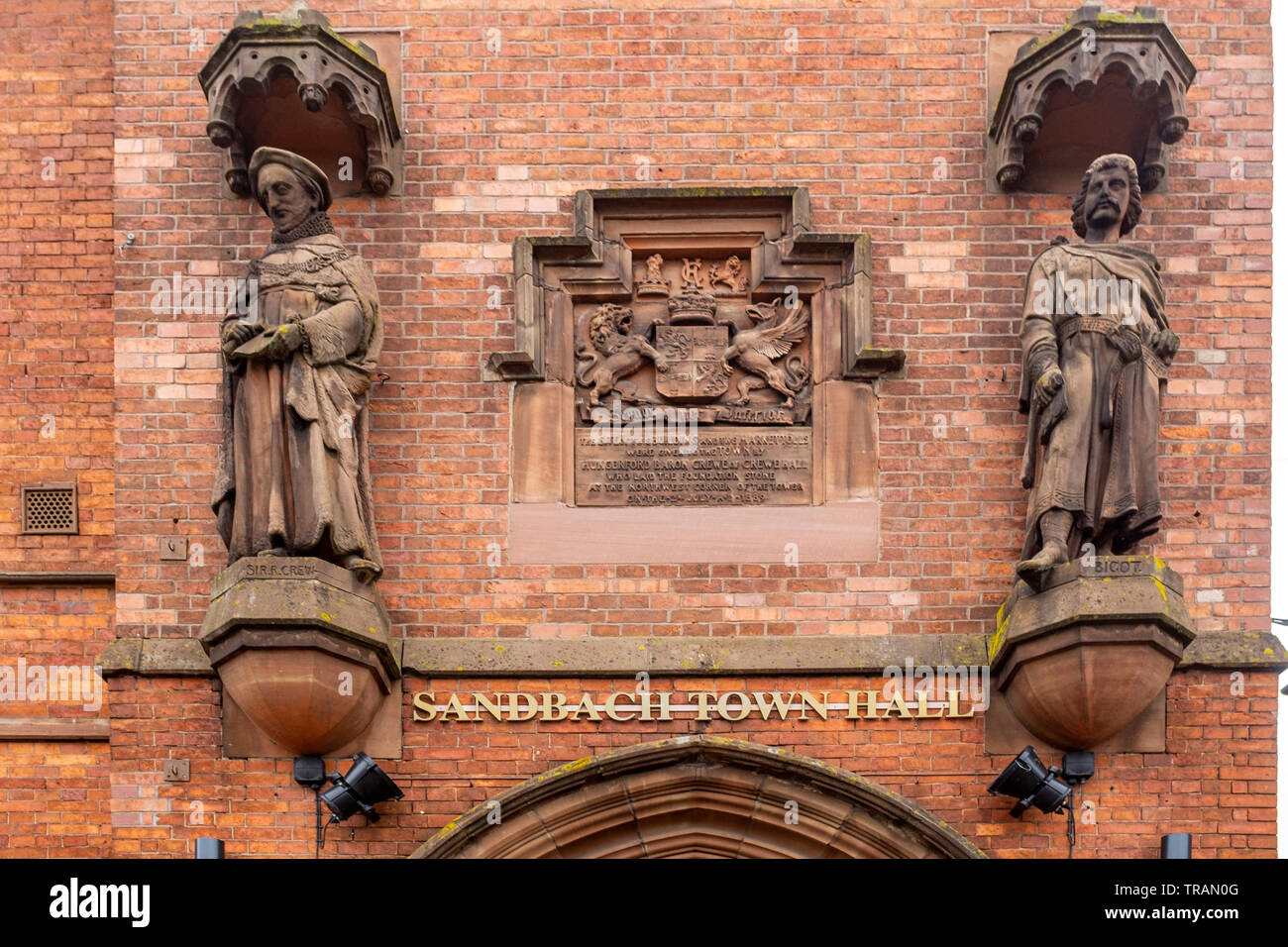 Detail of Sandbach Town Hall, statue on the left is Sir R Crew and on the right Bigot De Loges, Sandbach Cheshire UK Stock Photo