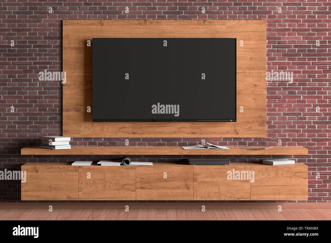 TV screen on the brick wall with wooden plate above the cabinet in modern  living room. 3d illustration Stock Photo - Alamy