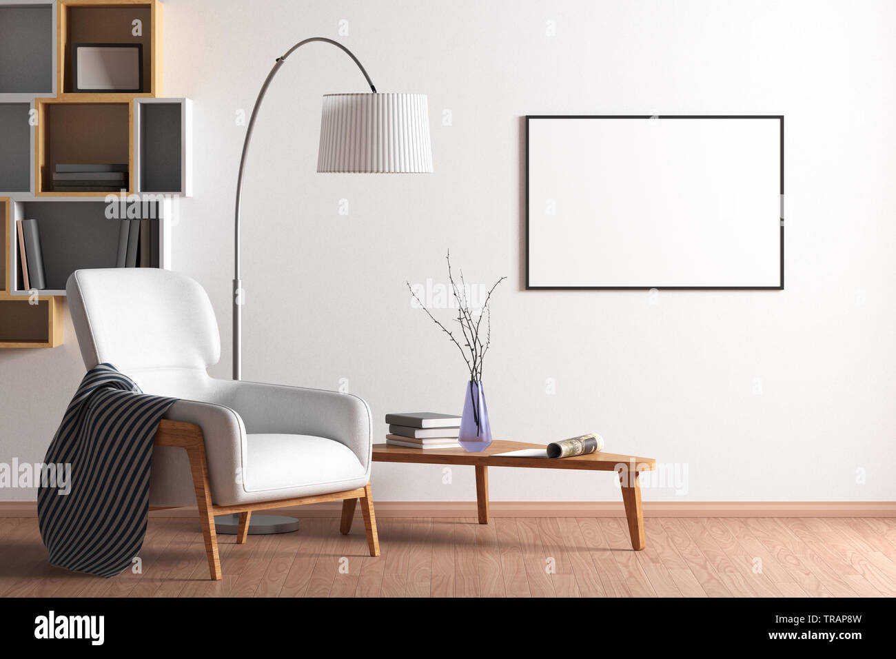 Download Blank Horizontal Poster Mock Up With Black Frame On The Wall In Living Room Interior With Bookshelf Armchair Coffee Table And Floor Lamp 3d Illustr Stock Photo Alamy