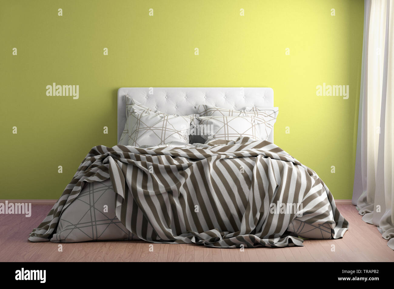Bedroom Interior With Unmade Bed Wooden Floor Window