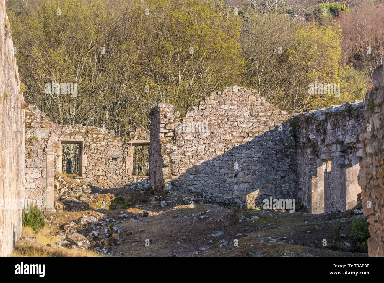 Tarouca / Portugal - 03 15 2018: View of historic building in ruins, inside convent of St. Joao of Tarouca, detail of ruined wall with spans of symmet Stock Photo