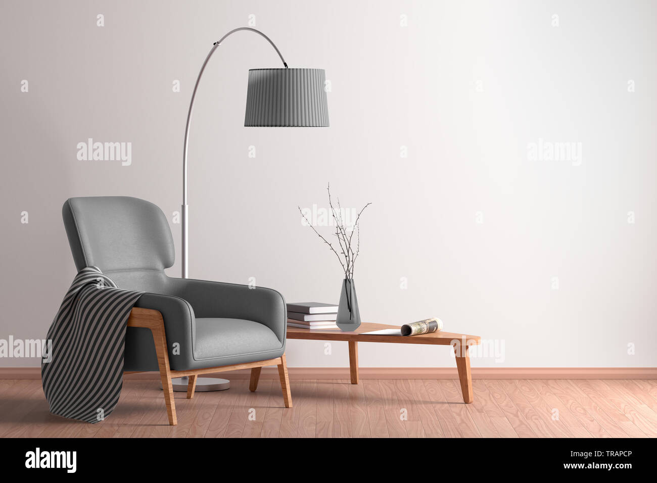 Interior of living room with cozy gray leather armchair with plaid