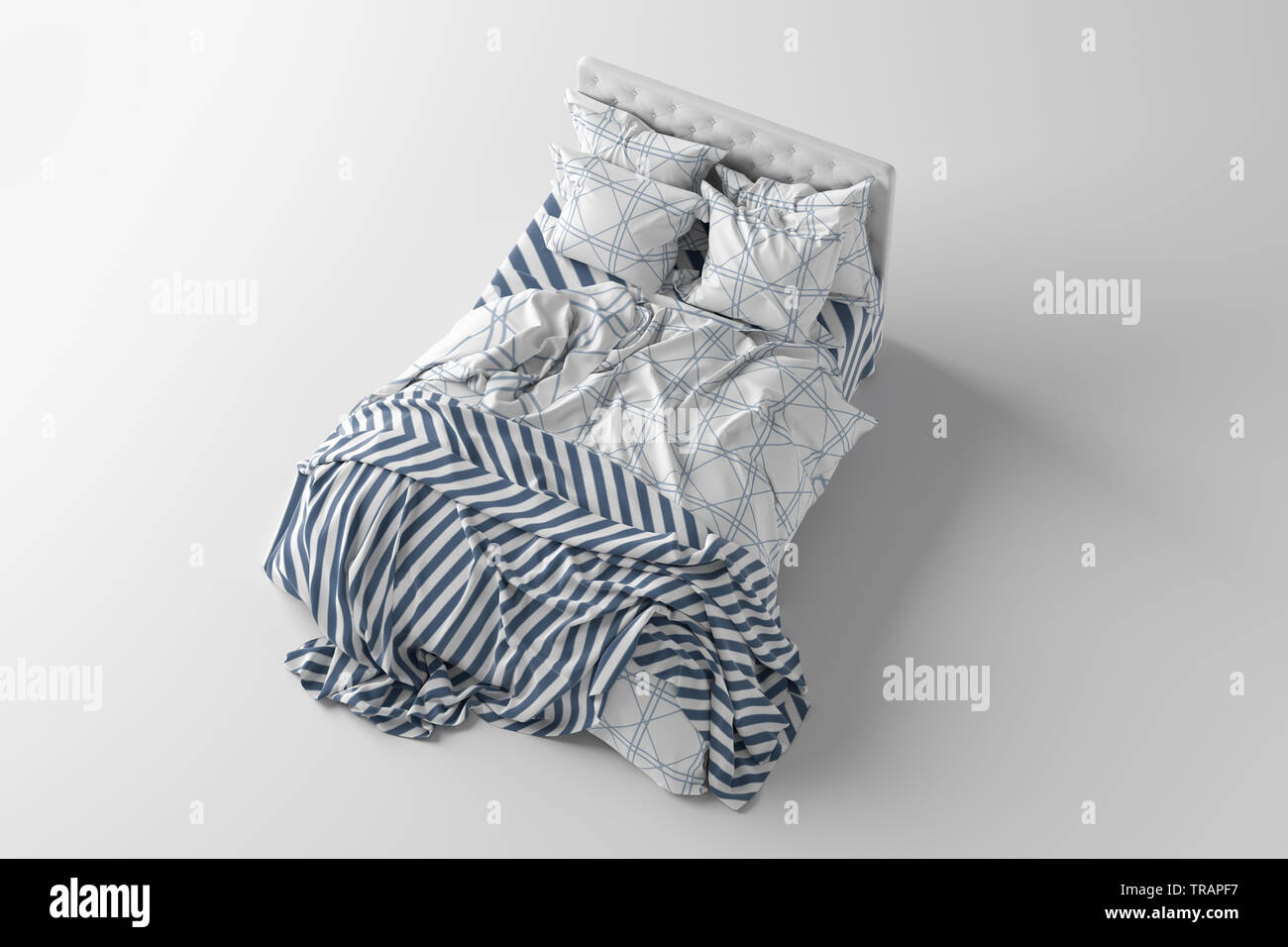 Bed with duvet, bedding and pillows isolated on white. Top  side view. 3d render Stock Photo