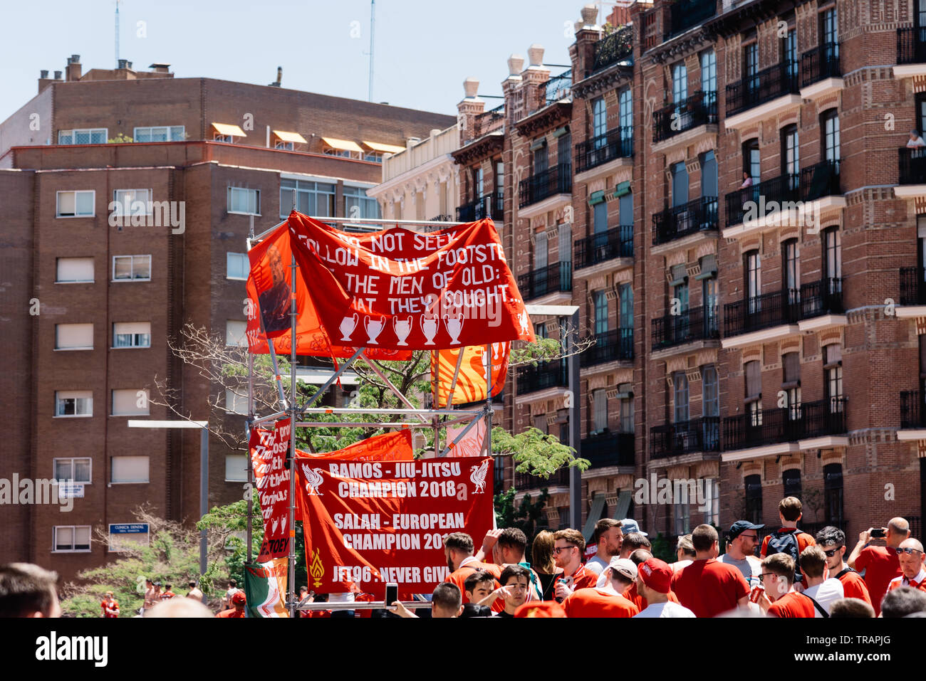 Madrid, Spain - June 1, 2019: Liverpool fans enjoy in the fan zone in Plaza de Felipe II prior to the UEFA Champions League Final match between Totten Stock Photo