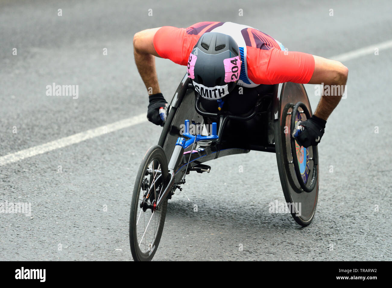 Wheelchair competitor, 2019 Virgin Money London Marathon, East London,  United Kingdom Stock Photo