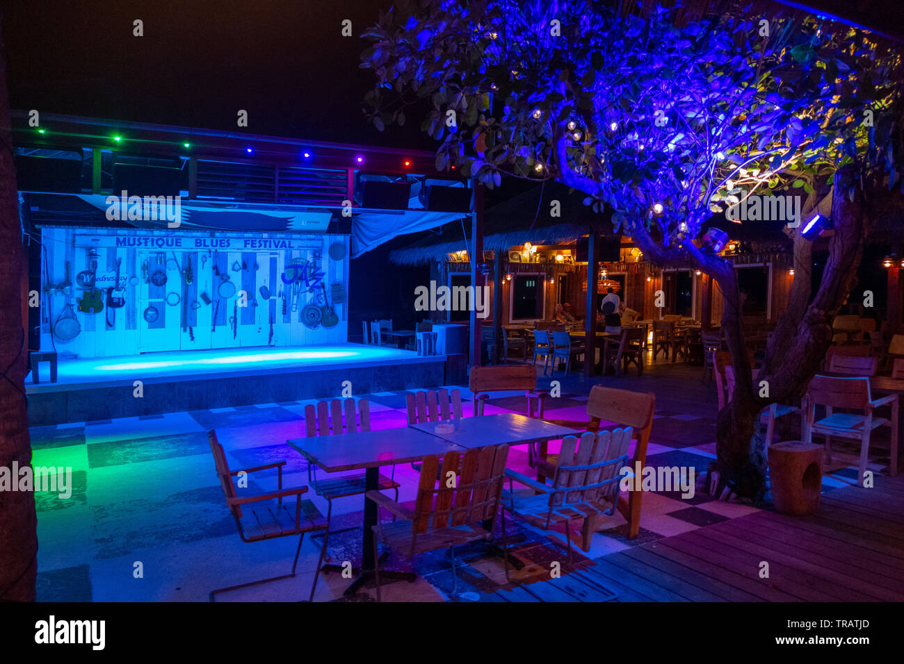 Refurbished Bar and Dance floor at Basil's Bar Mustique, 2019. It's a Caribbean restaurant and venue for the Mustique Blues Festival. Used by all Stock Photo