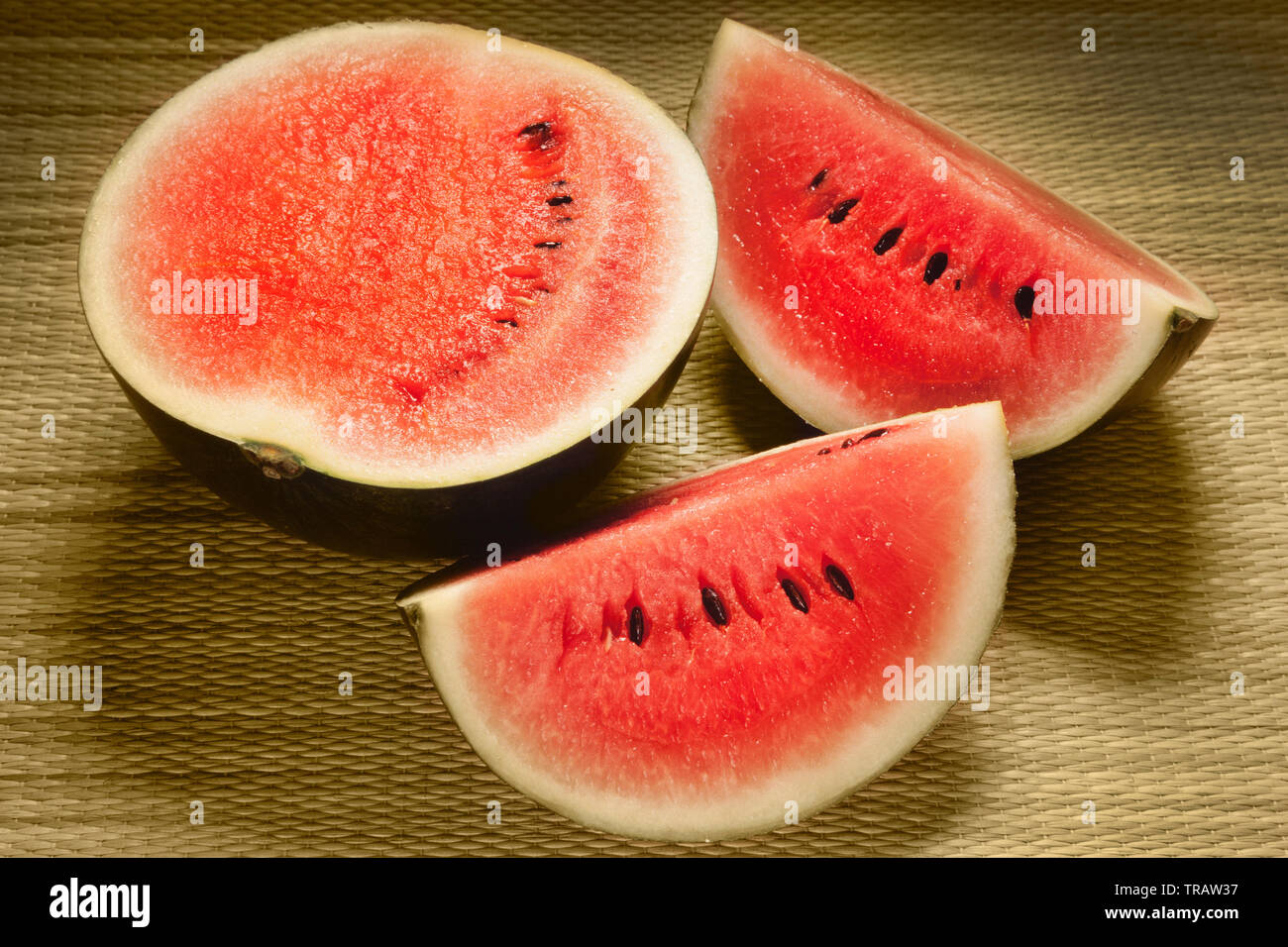 Watermelon, Citrullus vulgaris (Cucumis citrullus) a small round cultivar originally from North Africa. Stock Photo