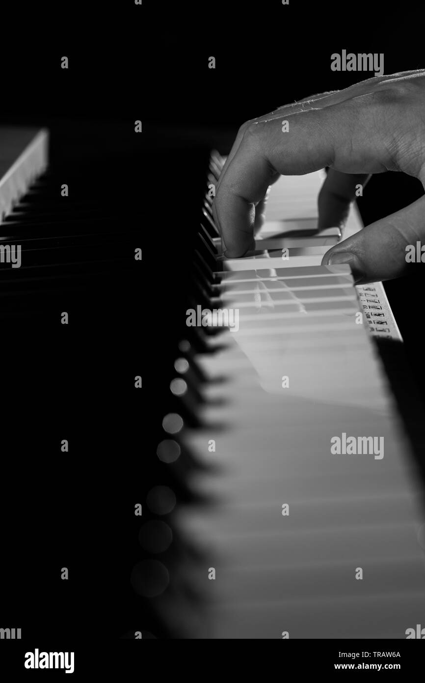 A young pianist practices in this black and white photograph with isolated hands on a piano keyboard Stock Photo