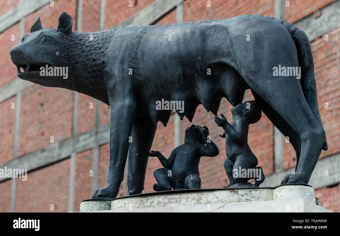 Bucharest, Romania - May 21, 2019: The Capitoline Wolf statue, given as a gift to Bucharest by the municipality of Rome in 1906, is seen in Rome Squar Stock Photo