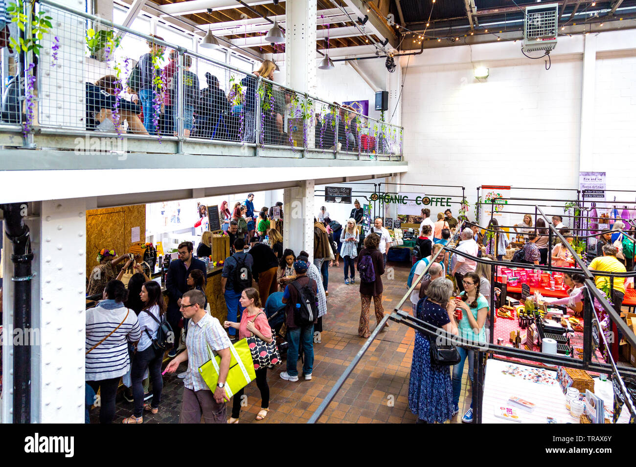 27th May 2019 - People visiting the Free From Festival for gluten-free and low sugar products, Boiler House, Brick Lane, London, UK Stock Photo