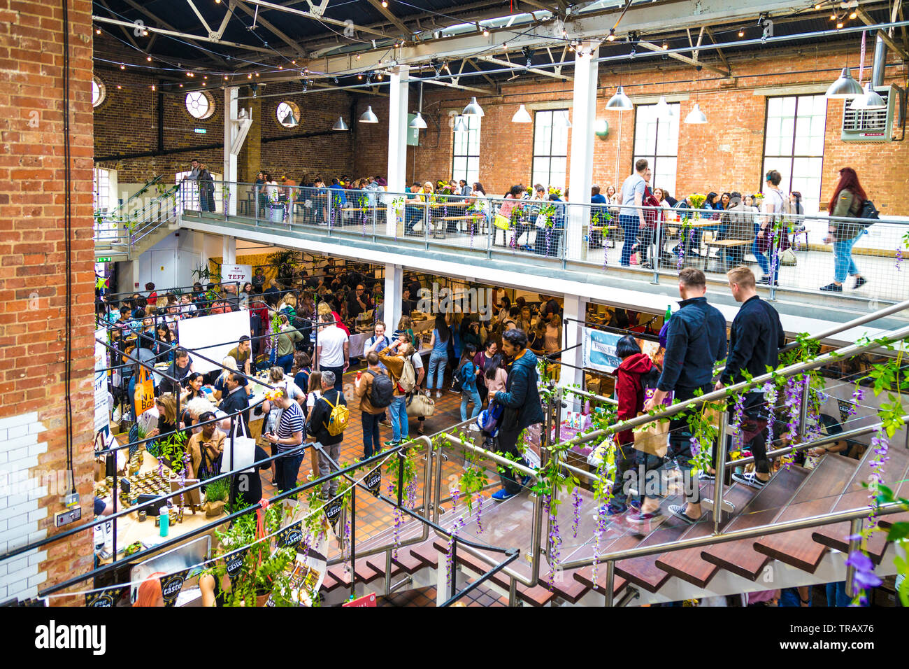 27th May 2019 - People visiting the Free From Festival for gluten-free and low sugar products, Boiler House, Brick Lane, London, UK Stock Photo