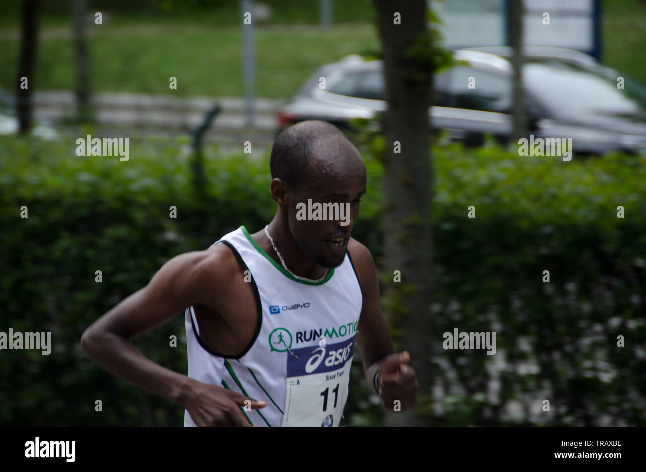 Stockholm, Sweden - 1 June 2019. Sisay Yazew, seventh-placed in Stockholm Marathon on the final straight behore running into Stockholm Stadium Stock Photo