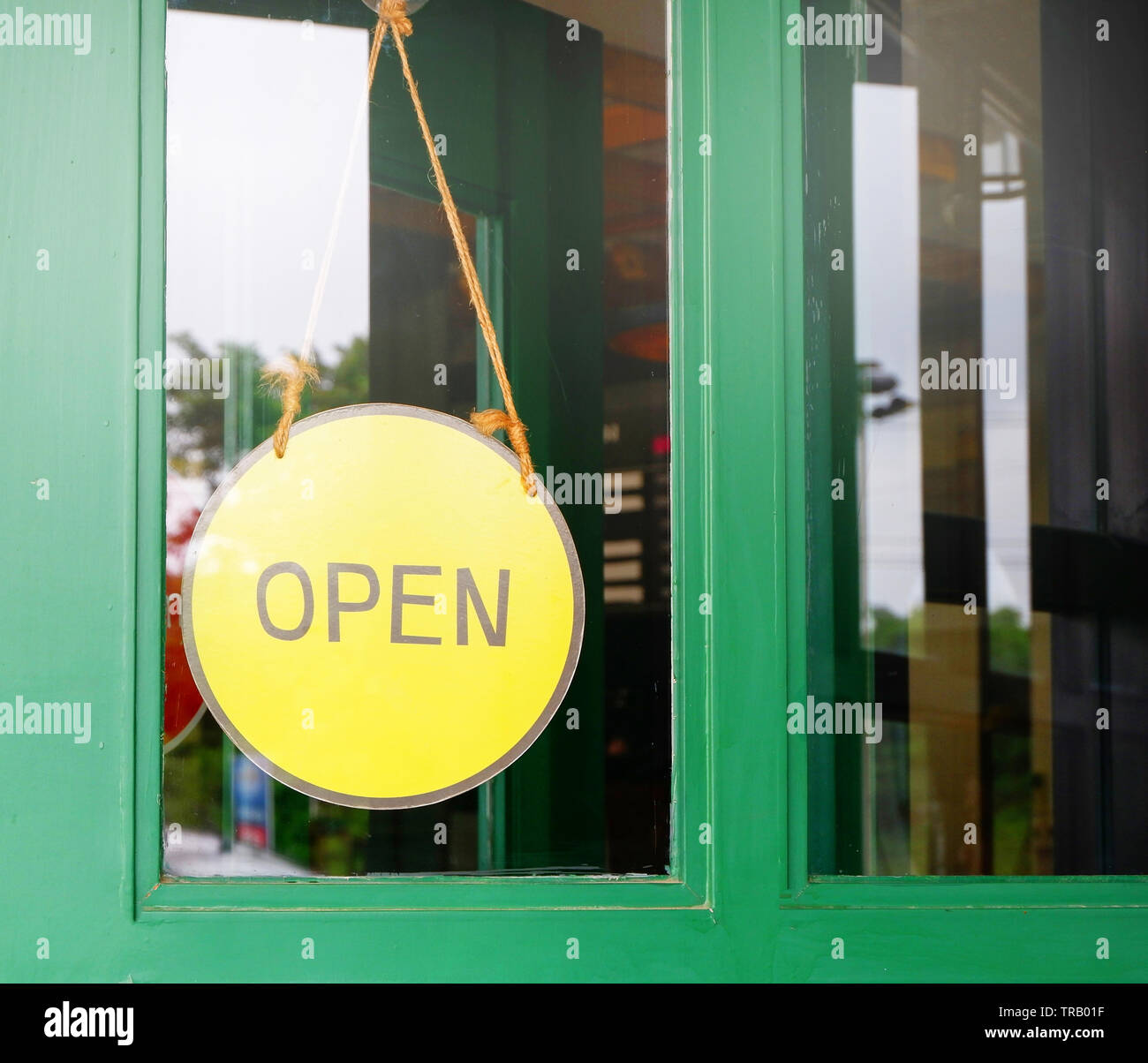 Download Open Sign Board Yellow Hanging On Wooden Door Cafe Stock Photo Alamy PSD Mockup Templates