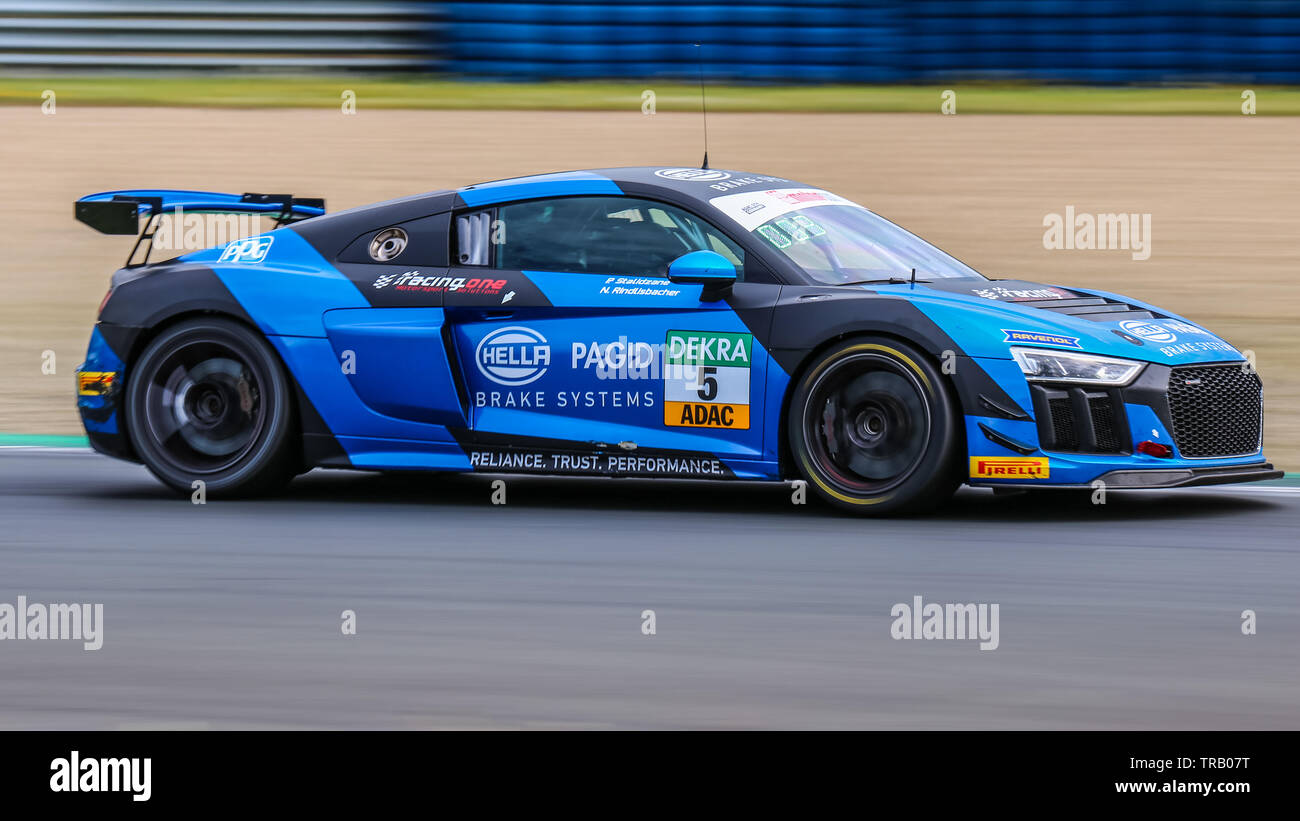 Oschersleben, Germany, April 27, 2019: Audi R8 LMS GT4 by Racing One driven by Patricija Stalidzane during ADAC GT4 Stock Photo