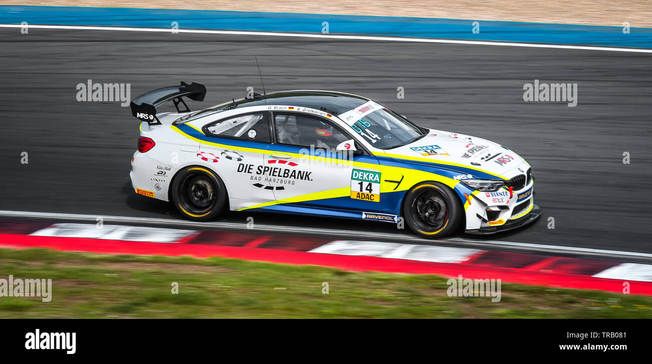 Oschersleben, Germany, April 26, 2019: BMW M4 GT4 by MRS Besagroup Racing Team driven by Stephan Grotstollen during ADAC GT4 at the Motorsport Arena Stock Photo