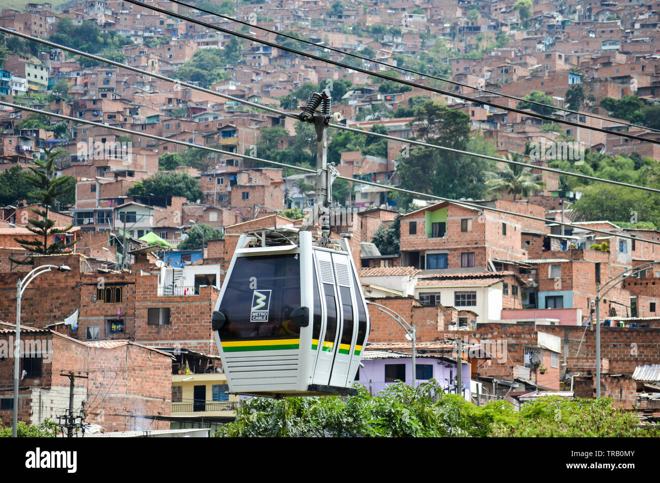 Overview of comuna and Medellin Metrocable Line J Stock Photo