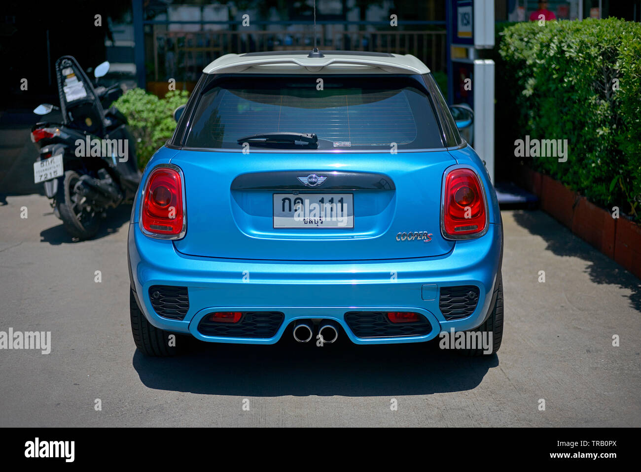 Mini Cooper S in blue with Thailand  Number plate 111 Stock Photo