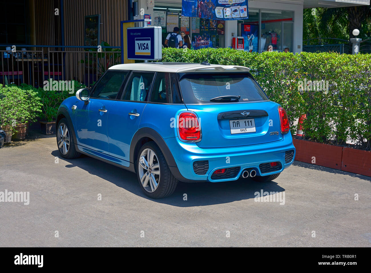 Mini Cooper S in blue with Thailand  Number plate 111 Stock Photo