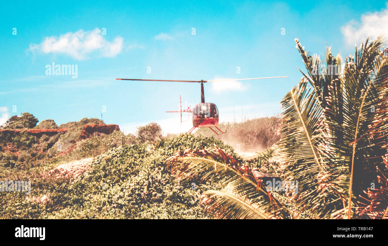 Helicopter on a landing field at the beach Stock Photo