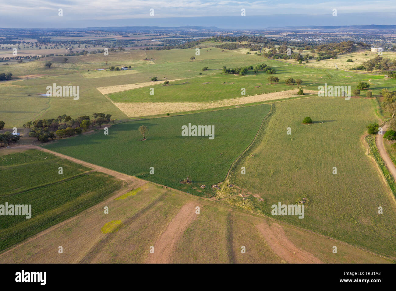 Aerial view of rural landscape in Cowra Central Western NSW Australia. Cowra is a productive agricultural region. Stock Photo