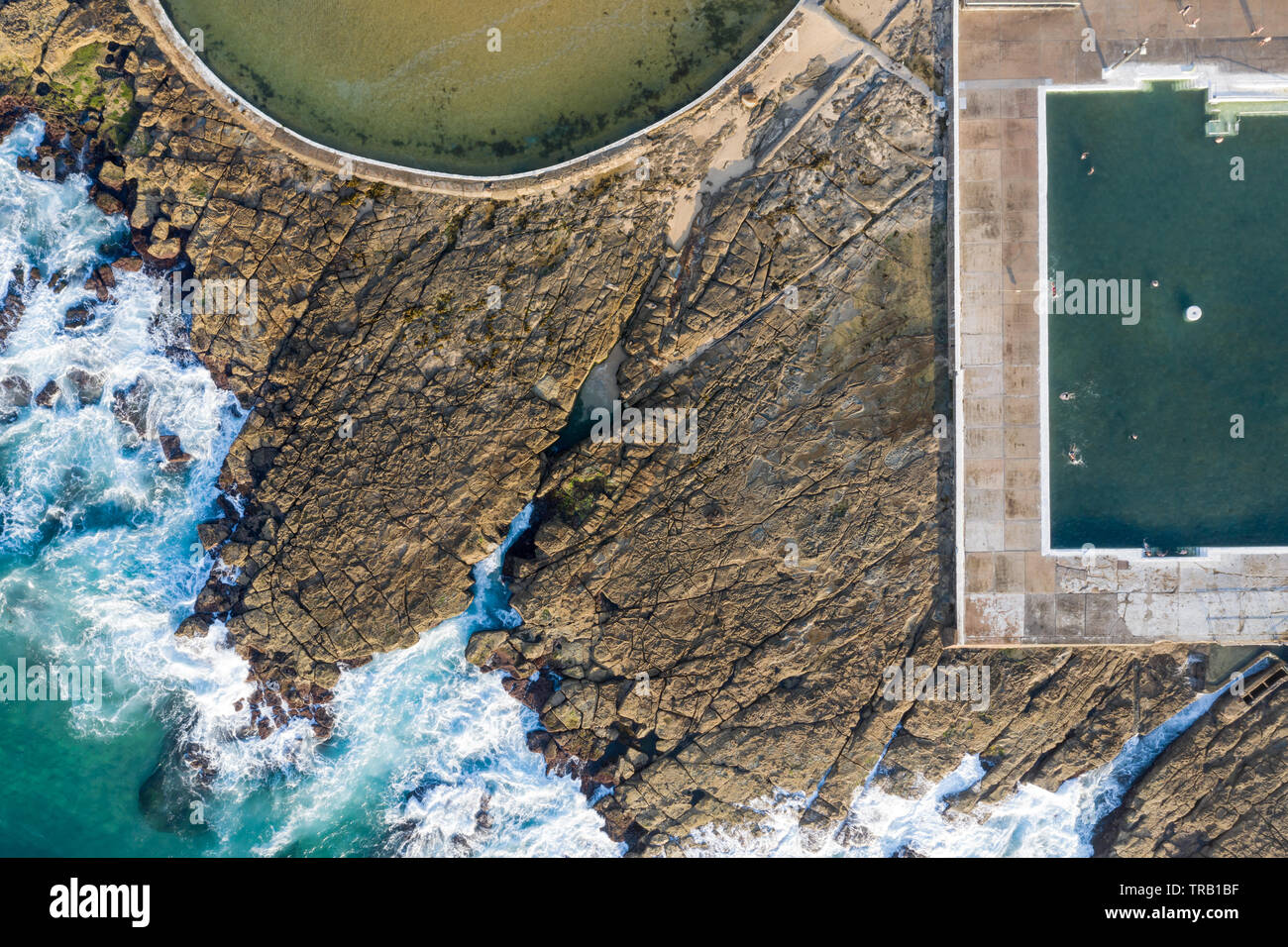 Aerial view of Newcastle Ocean Baths and the 'canoe pool'. Located in Newcastle these ocean baths are a popular landmark in the Harbour City. Newcastl Stock Photo