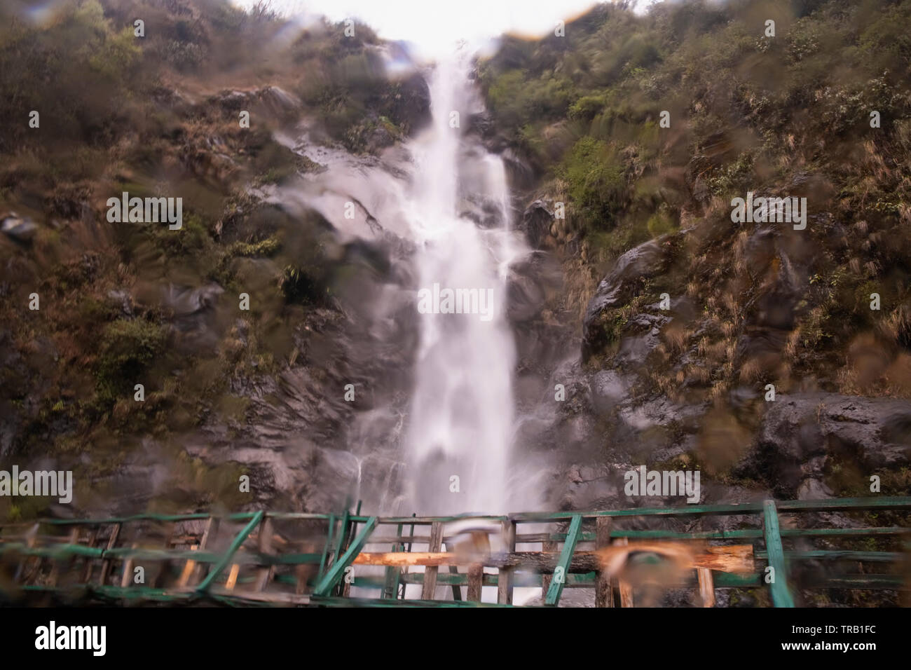 Water falls,Weema (2),wooden bridge,before ,under ,heavy ,rains,North Sikkim,India. Stock Photo