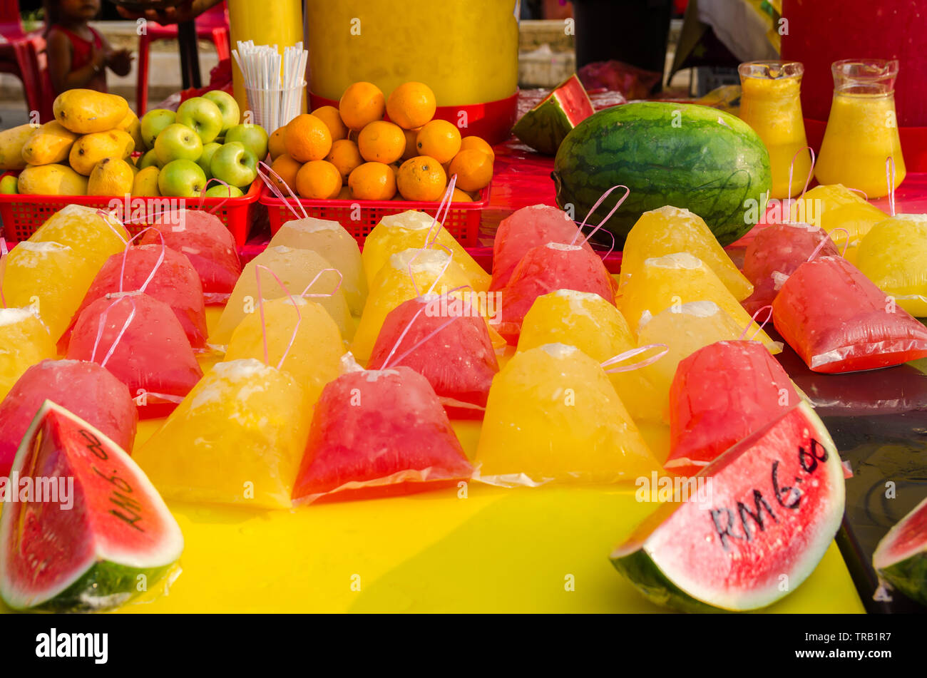 Different type of fruit juices selling in Ramadan Bazaar Kuala Lumpur. It is established for muslim to break fast during the holy month of Ramadan Stock Photo