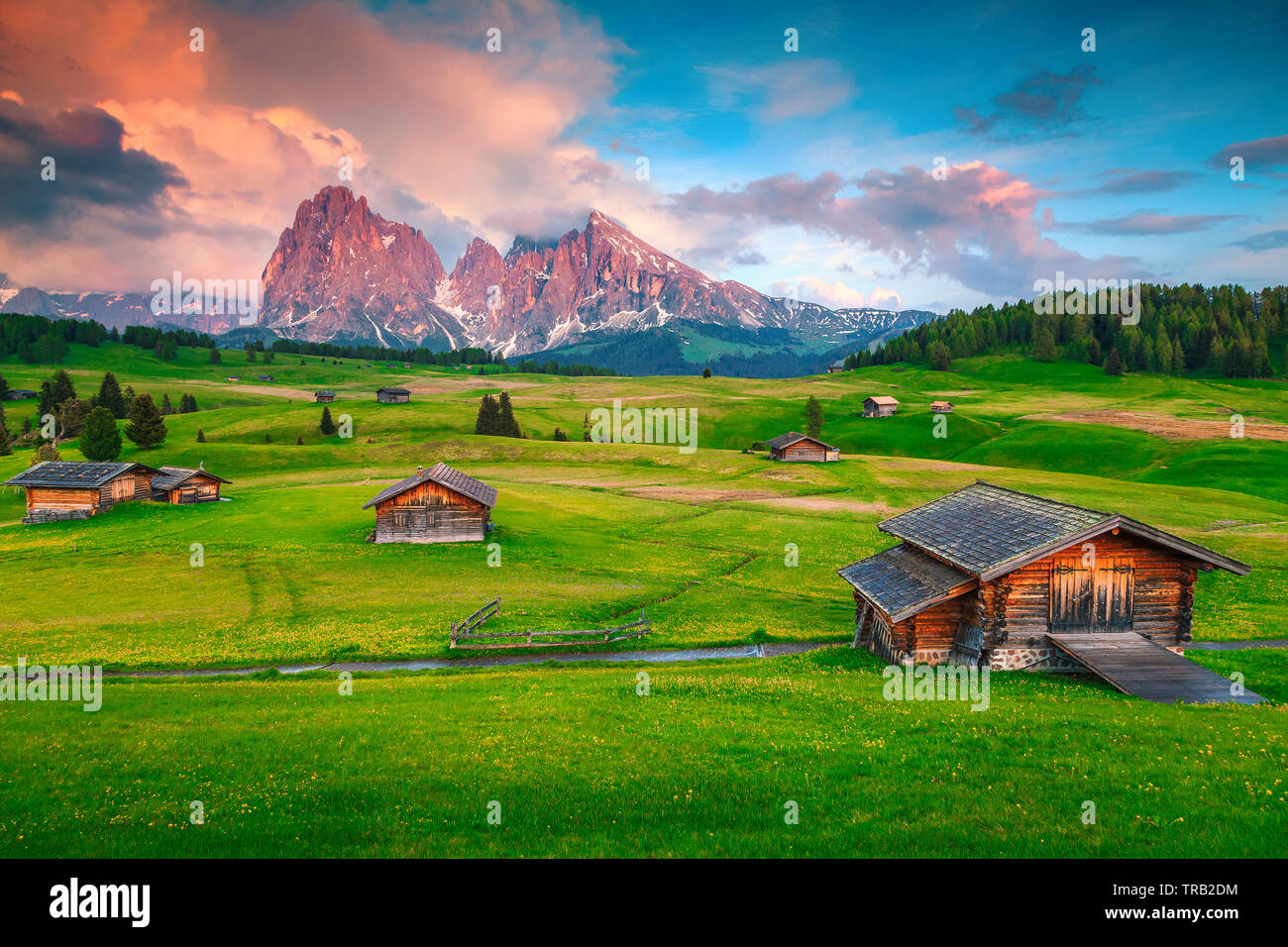 Sunset at alpe di siusi or seiser alm dolomites alps hi-res stock