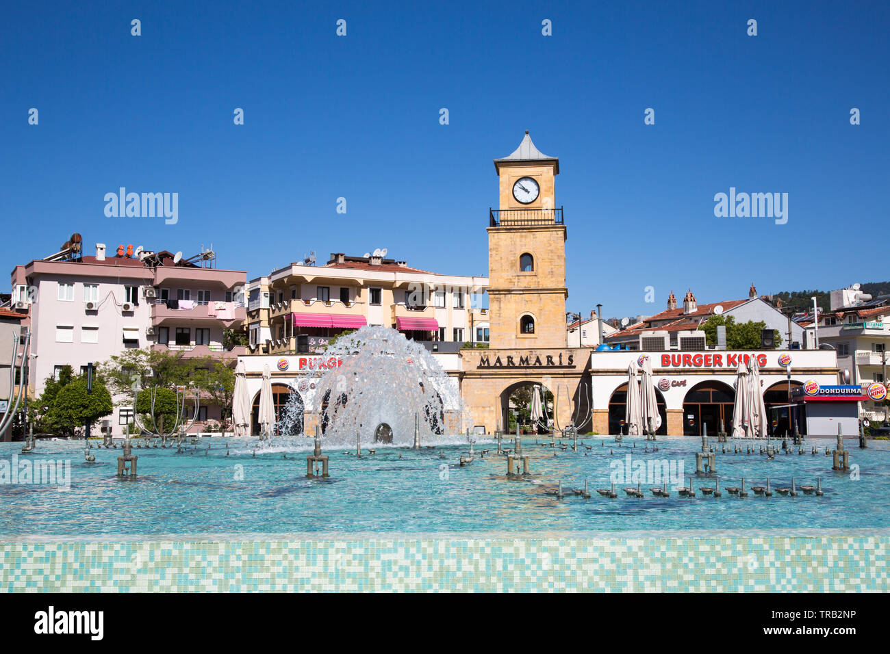 Burger King restaurant and the town clock tower in the Dancing