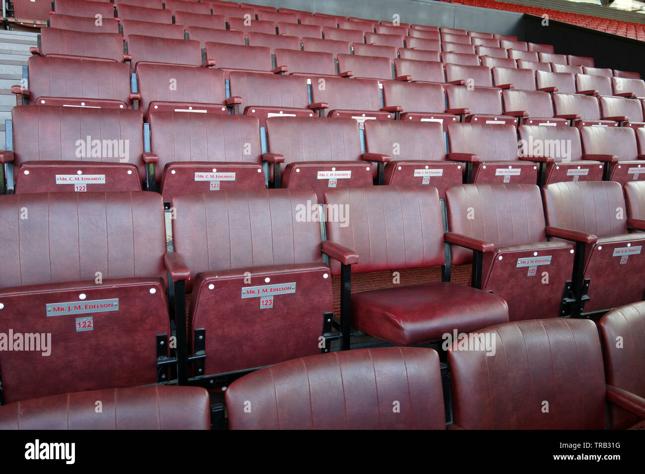 Empty Seats in the Directors Box at Old Trafford, Manchester United Football Club, Manchester, Lancashire, England, UK. Stock Photo