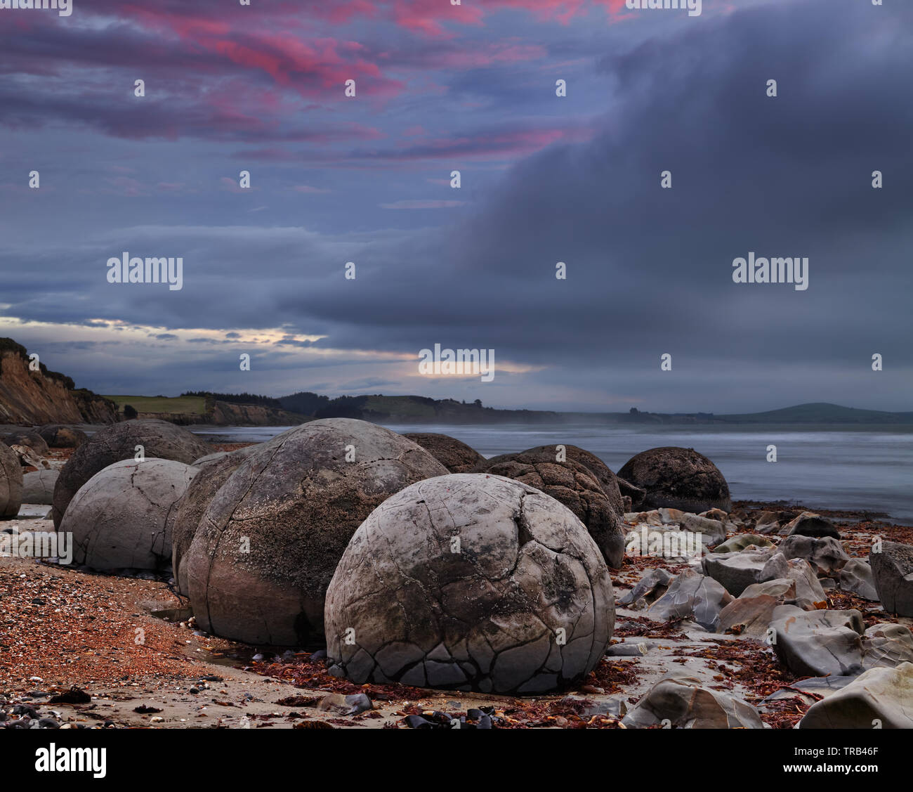 Moeraki Boulders at sunrise, South Island, New Zealand Stock Photo