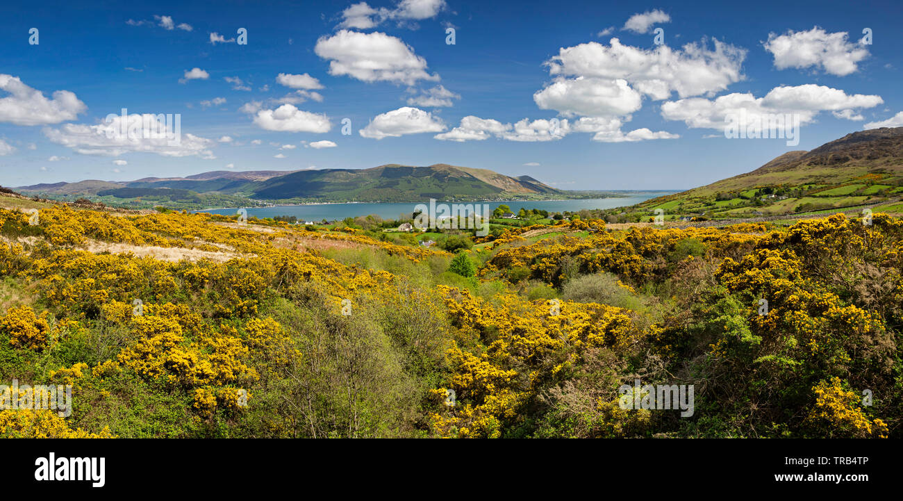 Ireland, Co Louth, Cooley Peninsula, Omeath, Clarmontpass Bridge, view down to Carlingford Lough and Moune Mountains, panoramic Stock Photo