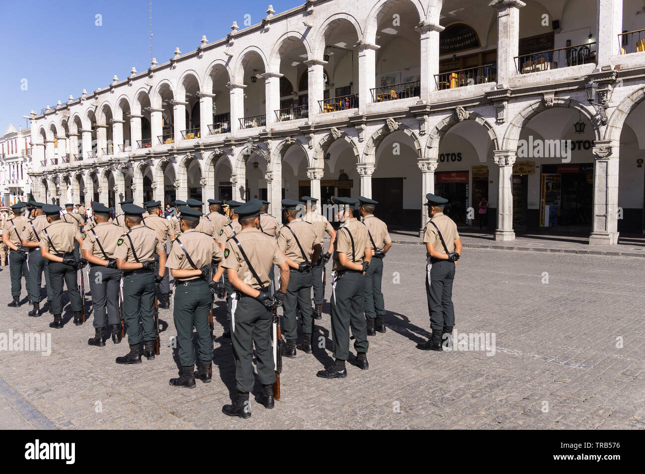 Military students parade at Plaza de Armas in Arequipa, Peru. Stock Photo