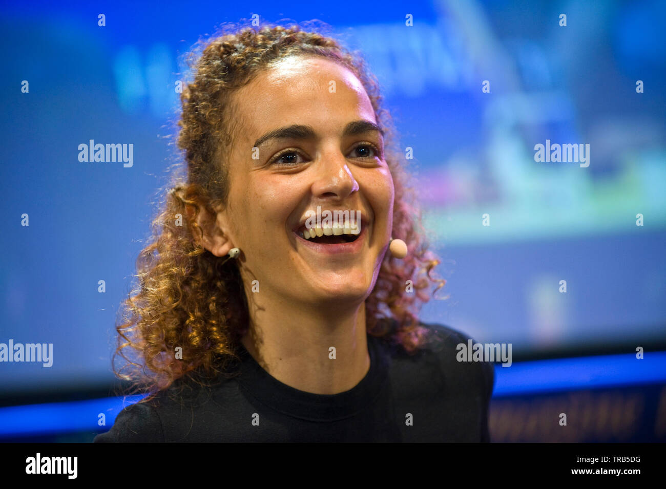 Leila Slimani Moroccan author and winner of France's most prestigious literary prize the Prix Goncourt speaking on stage at Hay Festival Hay on Wye Powys Wales UK Stock Photo