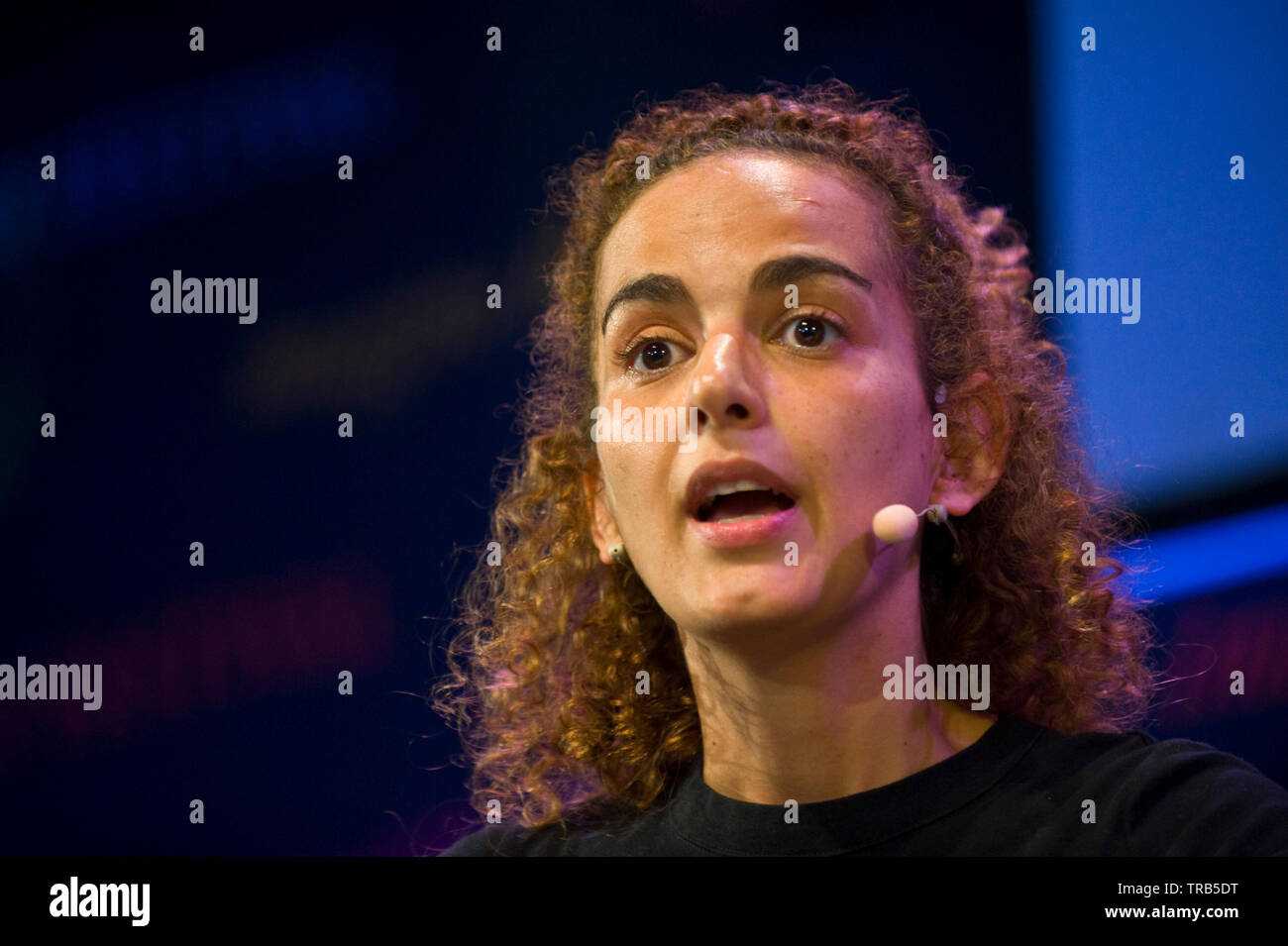 Leila Slimani Moroccan author and winner of France's most prestigious literary prize the Prix Goncourt speaking on stage at Hay Festival Hay on Wye Powys Wales UK Stock Photo