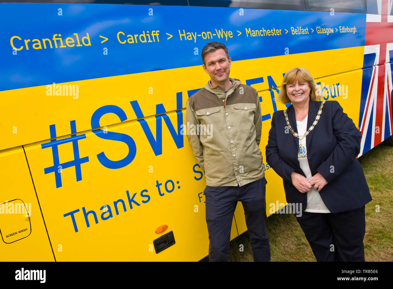 Swedish Embassy on tour at Hay Festival Hay on Wye Powys Wales UK Ambasssador HE Mr Torbjorn Sohlstrom with Mayor of Hay on Wye Cllr Trudy Stedman Stock Photo